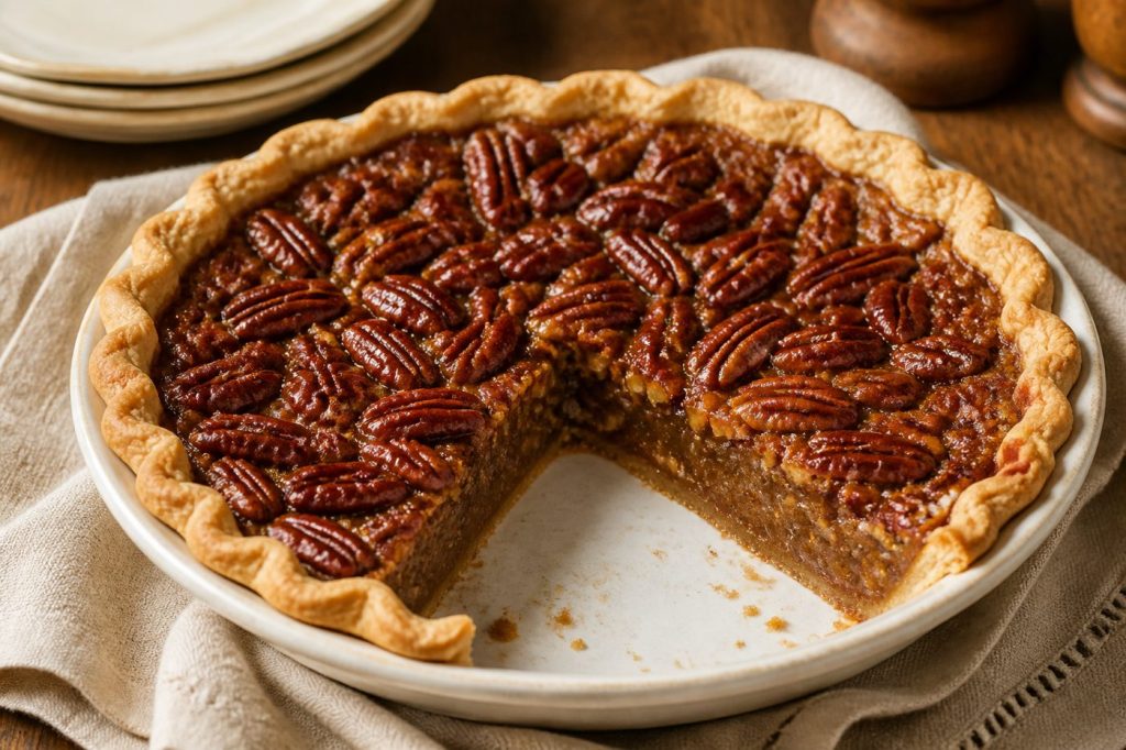 Sliced classic pecan pie in a flaky crust with toasted pecan halves on a linen tablecloth