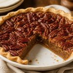 Sliced classic pecan pie in a flaky crust with toasted pecan halves on a linen tablecloth