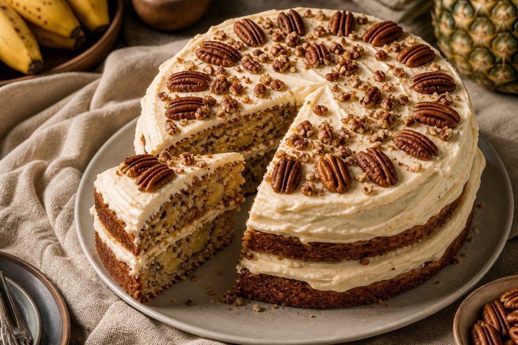 Three-layer hummingbird cake with cream cheese frosting and pecans on a rustic cake stand