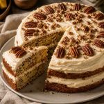 Three-layer hummingbird cake with cream cheese frosting and pecans on a rustic cake stand