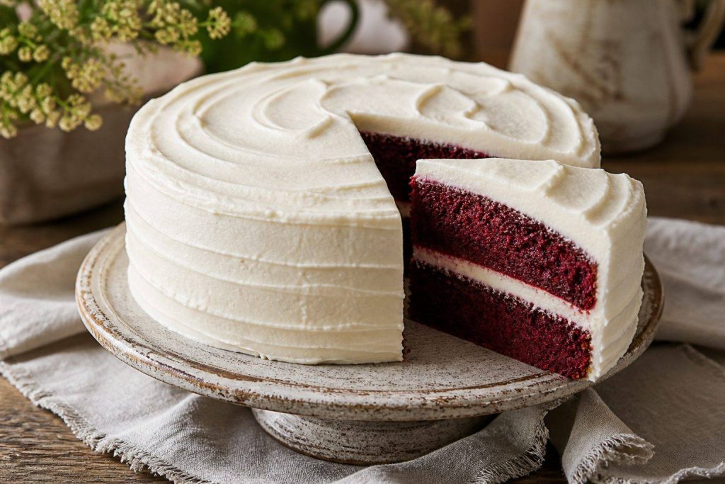 Two-layer red velvet cake with cream cheese frosting and a slice showing the crimson crumb