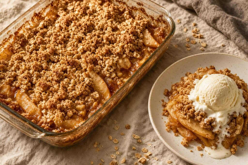 Baked apple crisp with golden oat streusel and bubbling cinnamon apples in a glass pan