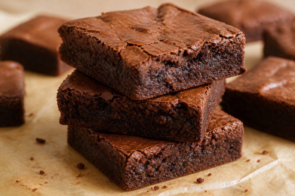 Stack of chewy classic fudge brownies with a shiny crackly top on parchment