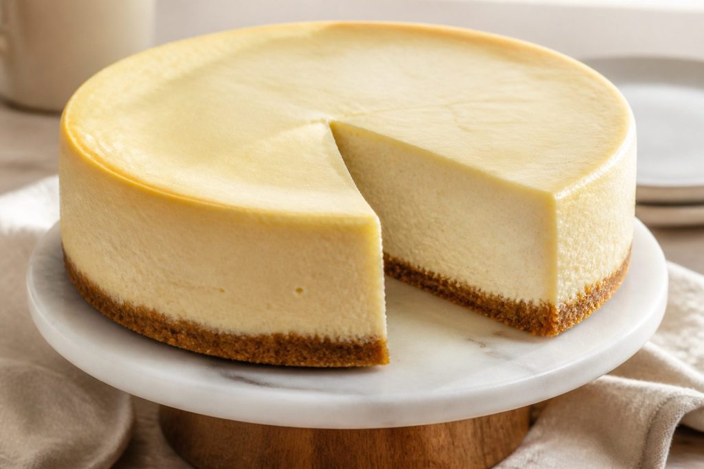 Tall sliced New York cheesecake with graham crust and a creamy plain filling on a cake stand