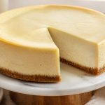Tall sliced New York cheesecake with graham crust and a creamy plain filling on a cake stand