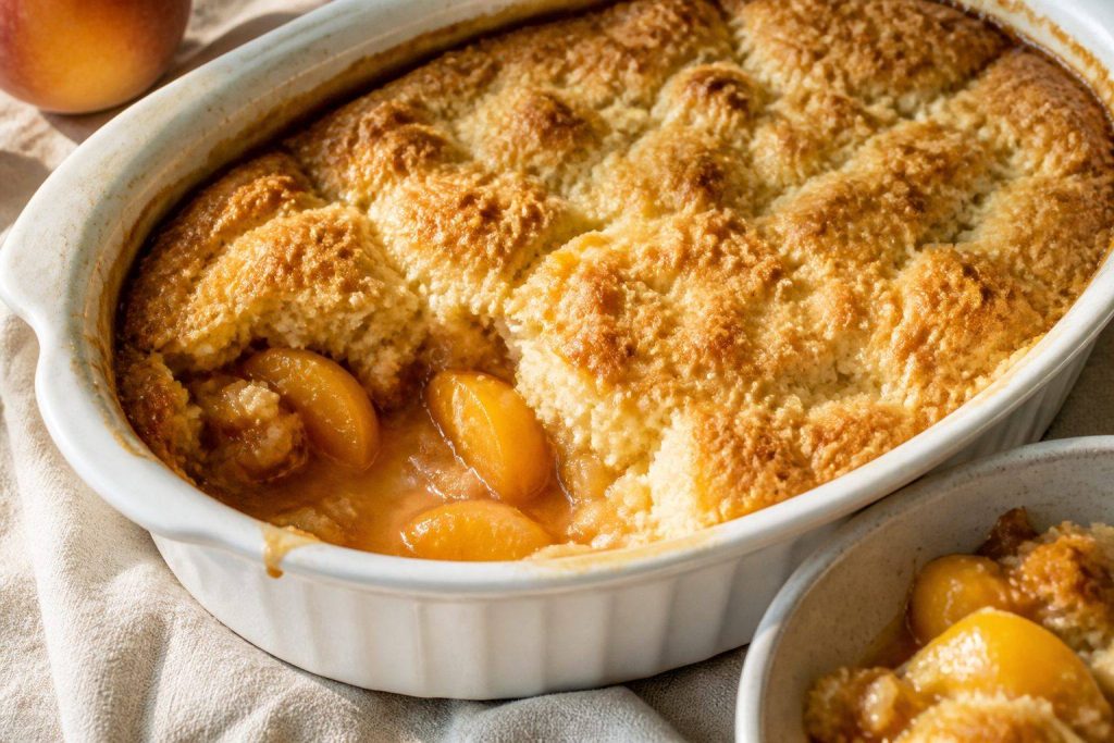 Southern peach cobbler in a baking dish with biscuit topping and bubbling peach juices
