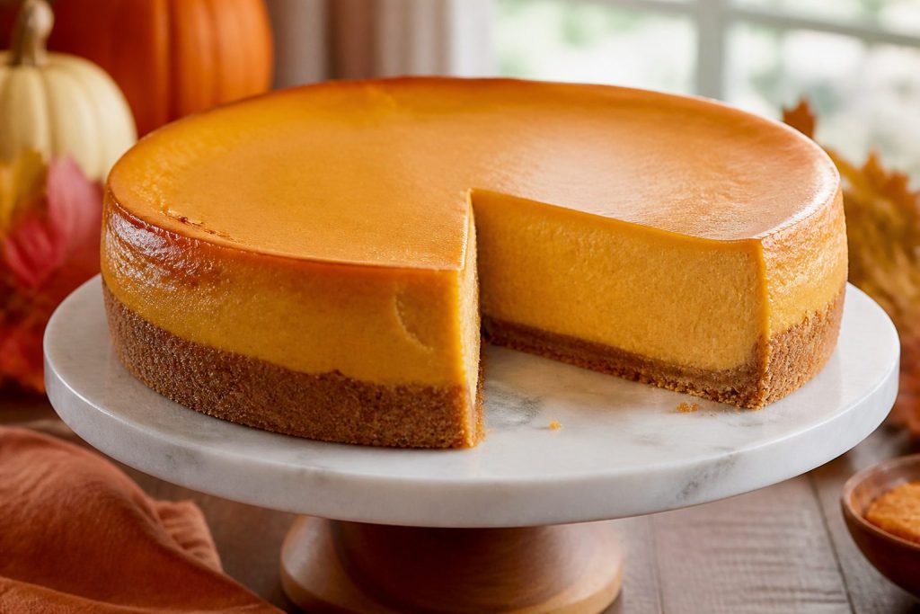 Sliced pumpkin cheesecake with graham crust and a creamy orange filling on a fall table