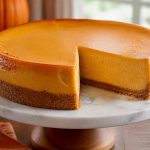 Sliced pumpkin cheesecake with graham crust and a creamy orange filling on a fall table
