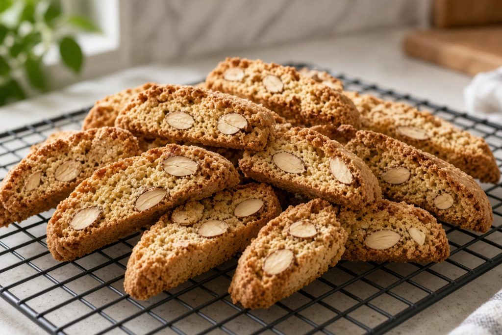 Sliced almond biscotti on a rack