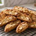 Sliced almond biscotti on a rack