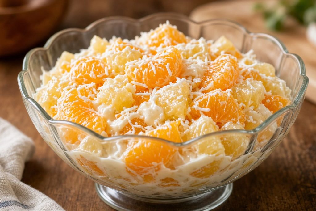Bowl of ambrosia with oranges and coconut