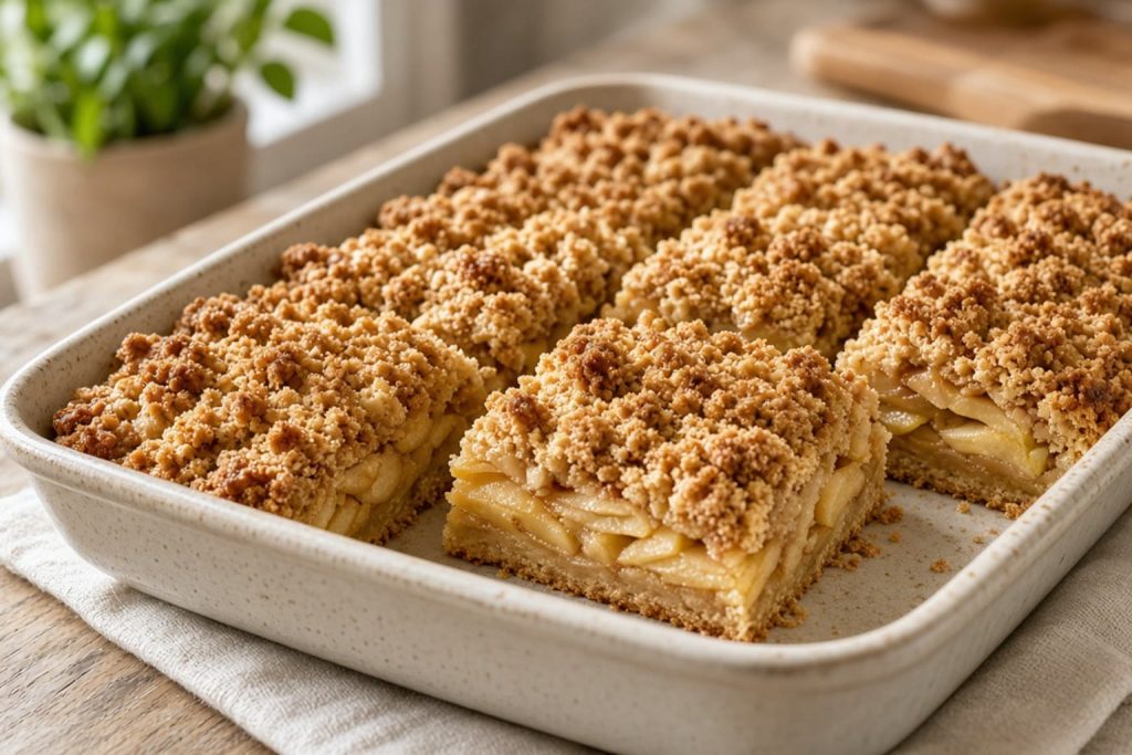 Apple crumb bars with visible cooked apple