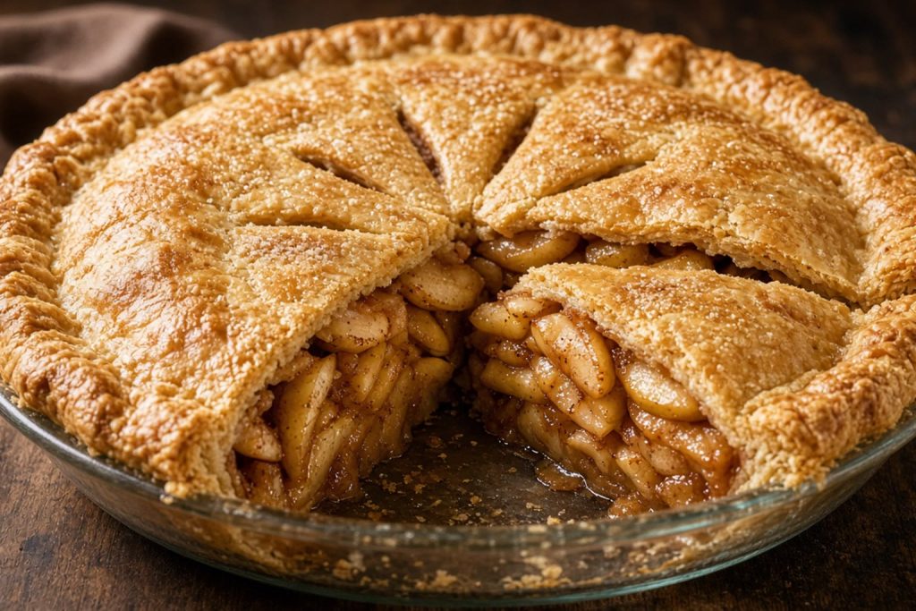 Double-crust apple pie with a slice removed showing cinnamon apples