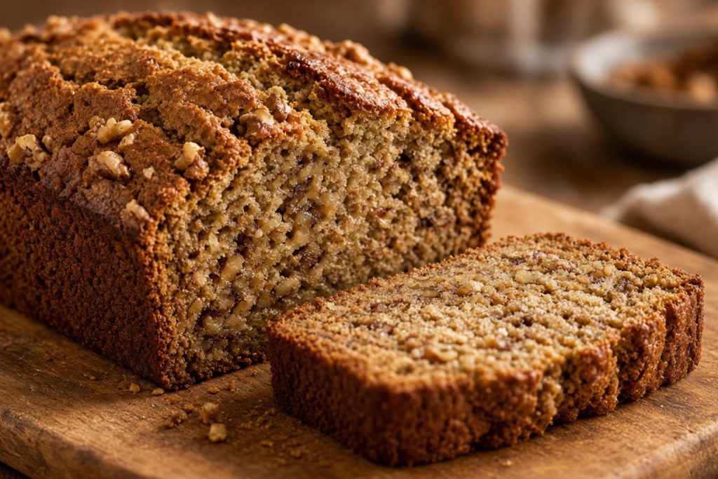Sliced banana bread loaf with a moist crumb and a crack down the top