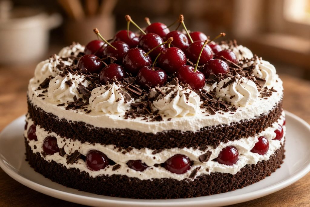 Black forest cake with cherries and cream