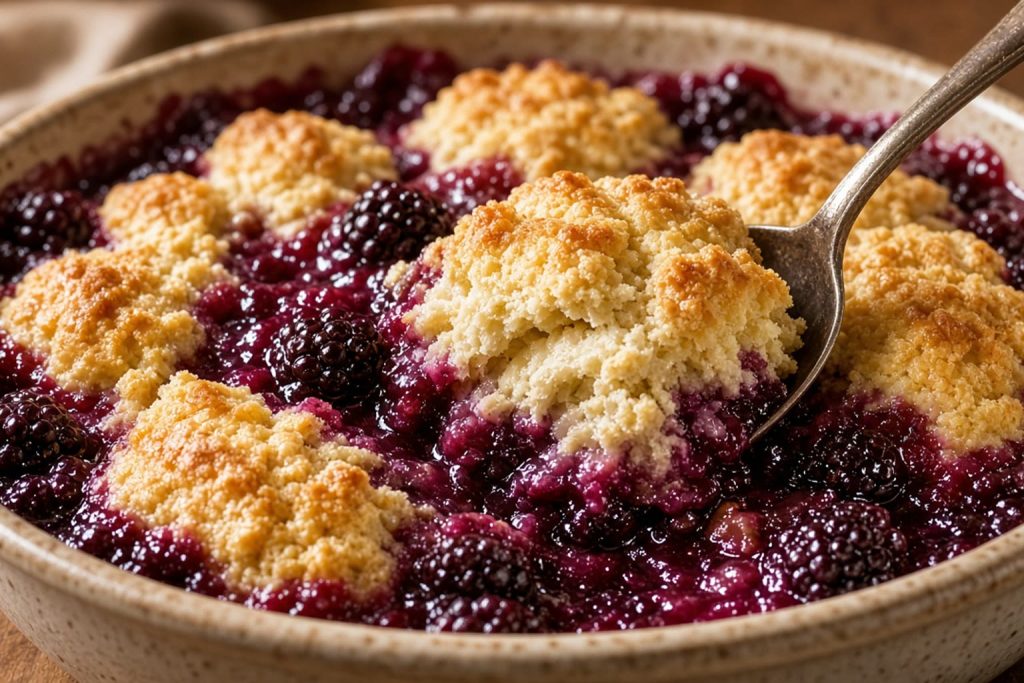 Blackberry cobbler in a baking dish with a golden biscuit top
