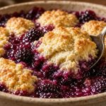 Blackberry cobbler in a baking dish with a golden biscuit top