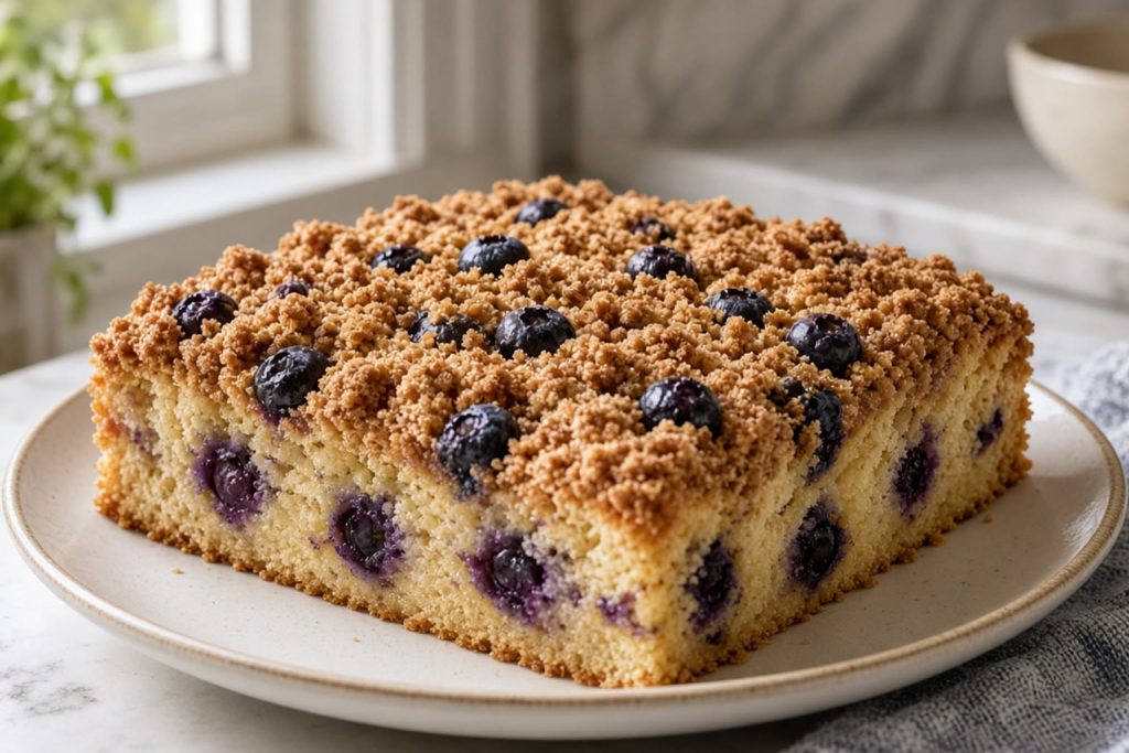 Blueberry buckle with cinnamon streusel in a square pan