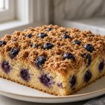 Blueberry buckle with cinnamon streusel in a square pan