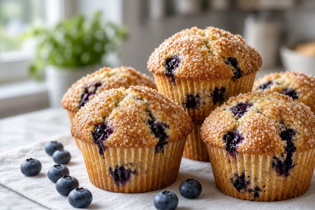 Blueberry muffins with berries in the crumb