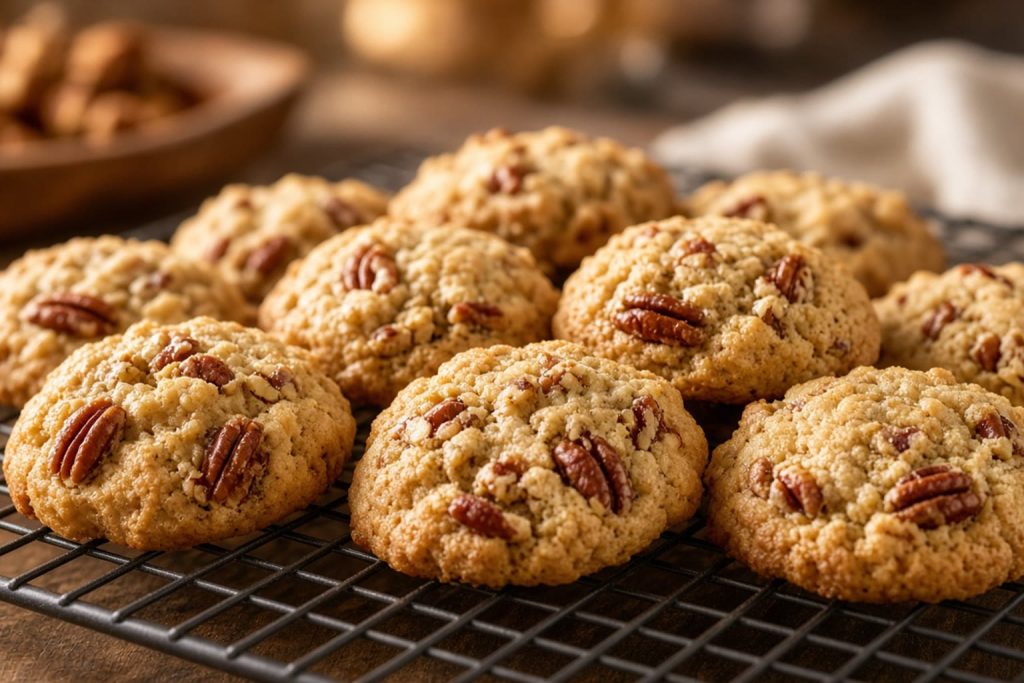 Brown butter pecan cookies on a cooling rack