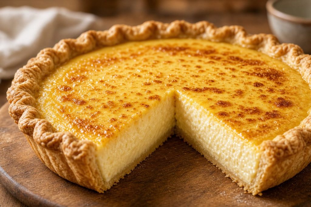 Slice of buttermilk pie with a golden top