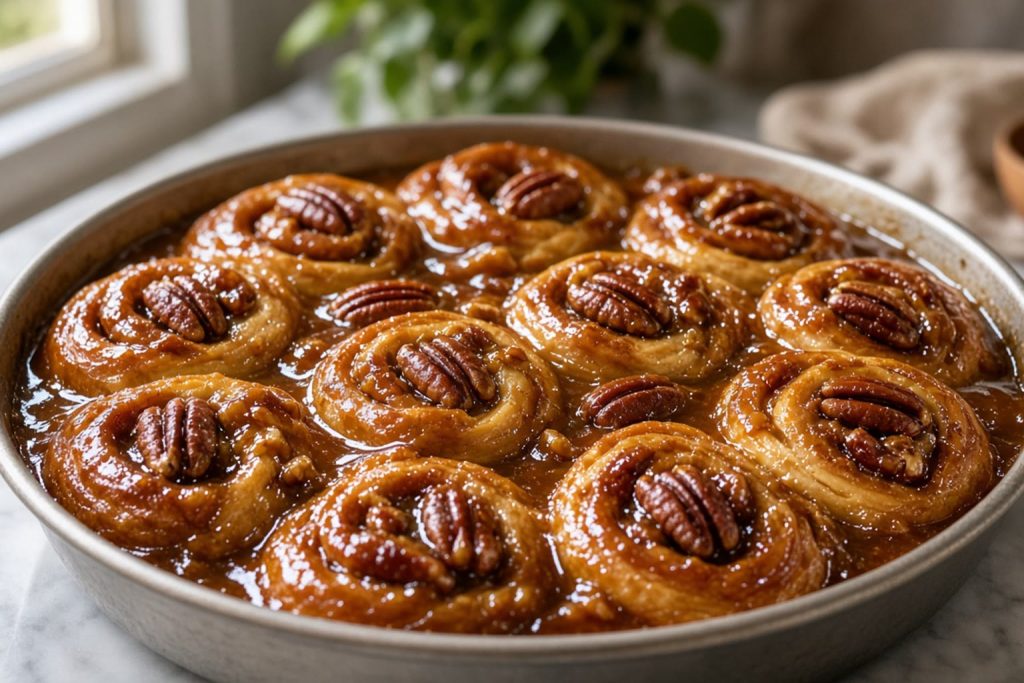 Caramel pecan sticky buns in a round pan