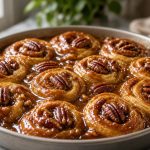 Caramel pecan sticky buns in a round pan