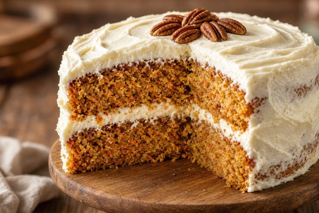 Two-layer carrot cake with cream cheese frosting and chopped pecans