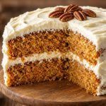Two-layer carrot cake with cream cheese frosting and chopped pecans