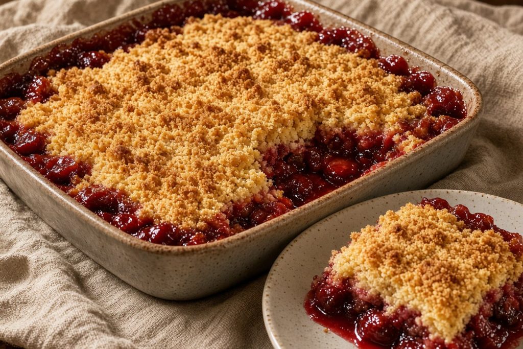 Cherry dump cake in a 9x13 with jammy red filling and golden cake mix topping