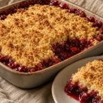 Cherry dump cake in a 9x13 with jammy red filling and golden cake mix topping