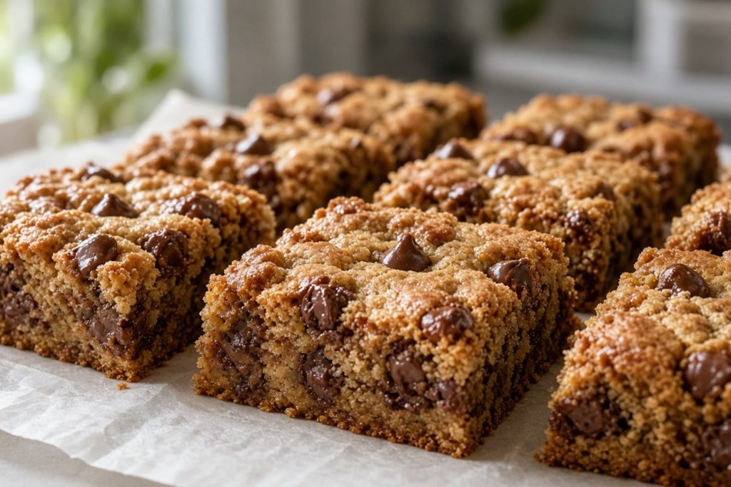 Chocolate chip cookie bars cut into squares
