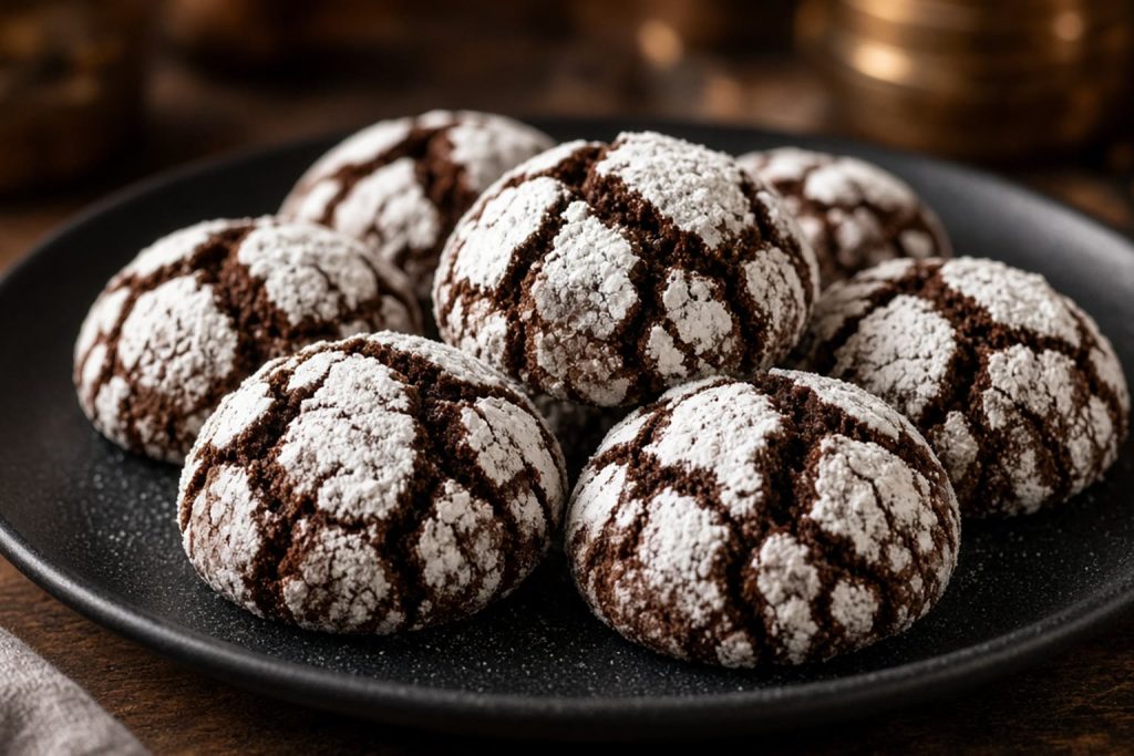 Chocolate crinkle cookies in powdered sugar