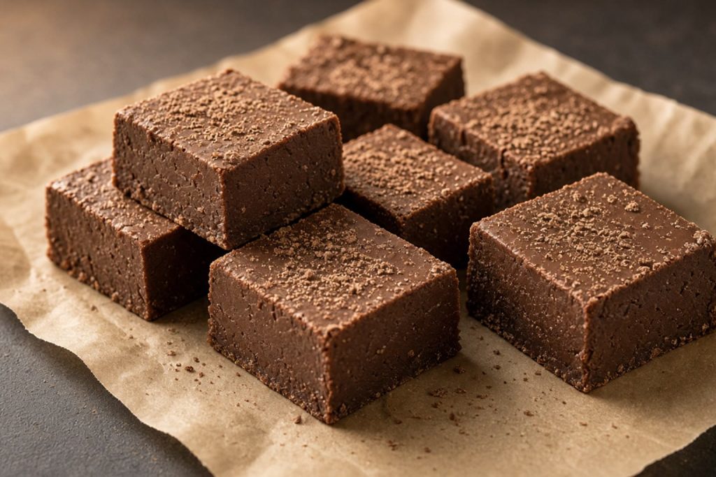 Squares of chocolate fudge stacked on a plate