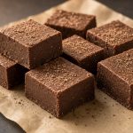 Squares of chocolate fudge stacked on a plate