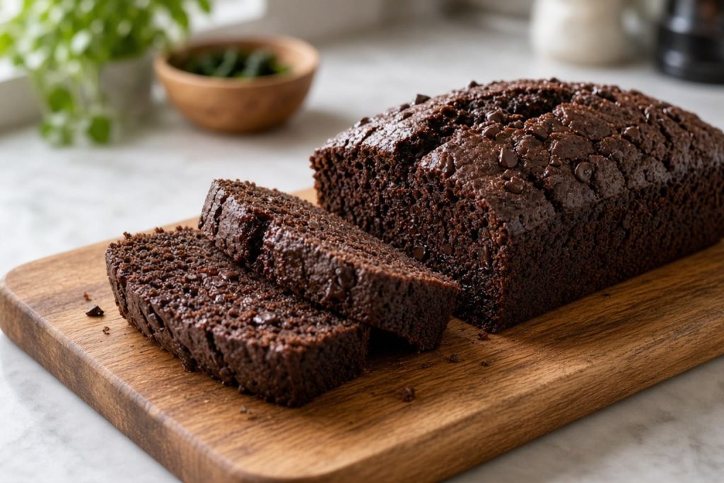Chocolate zucchini bread sliced on a board