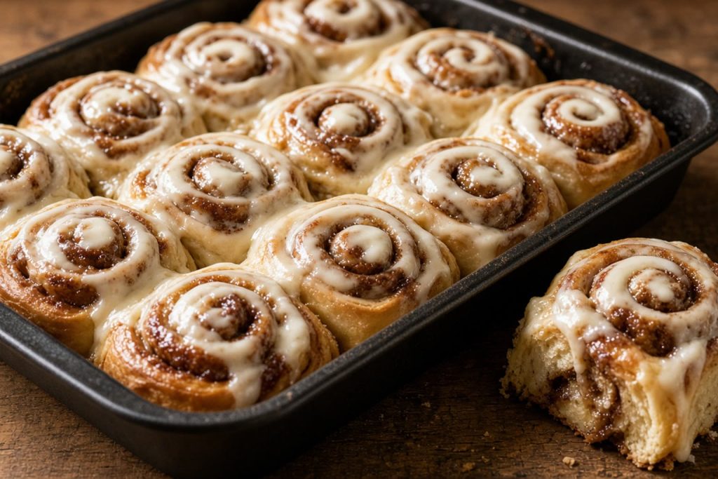 Pan of cinnamon rolls with cream cheese icing