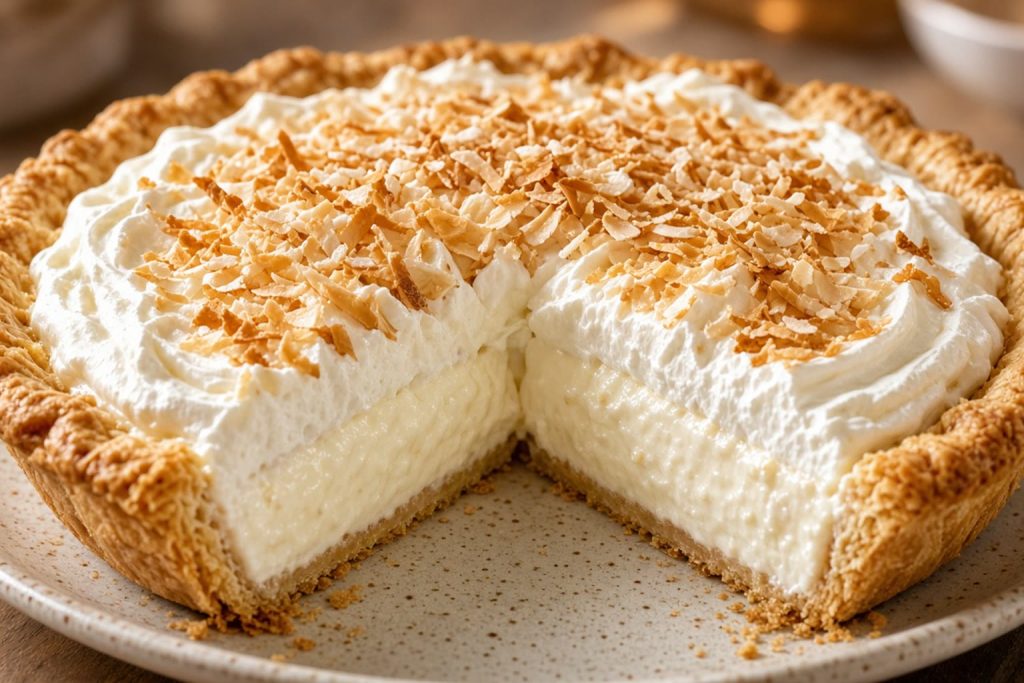 Coconut cream pie with toasted coconut and whipped cream