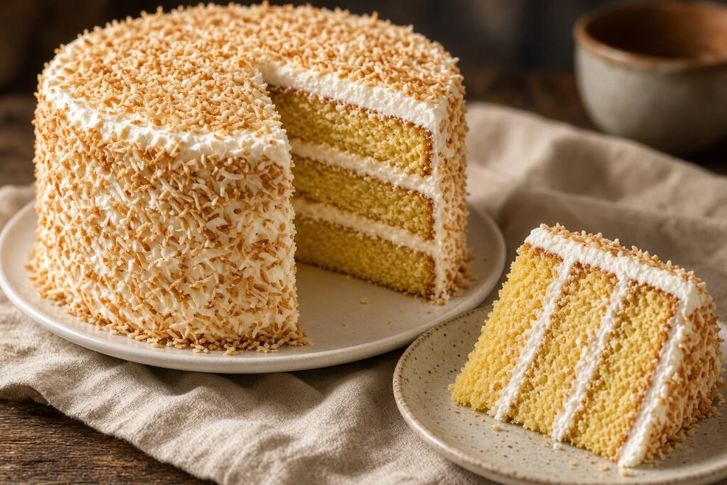 Tall coconut layer cake with white frosting and toasted coconut, one slice showing yellow layers