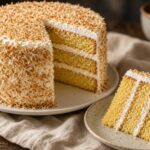 Tall coconut layer cake with white frosting and toasted coconut, one slice showing yellow layers