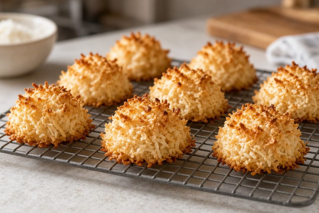 Toasted coconut macaroons on a wire rack