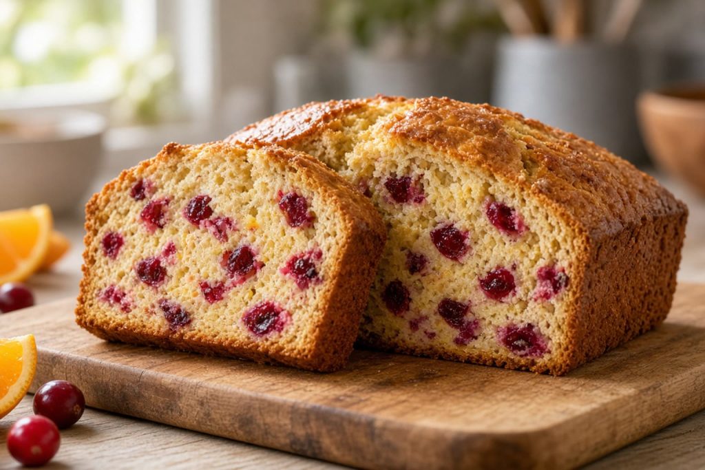 Cranberry orange bread with a bright crumb