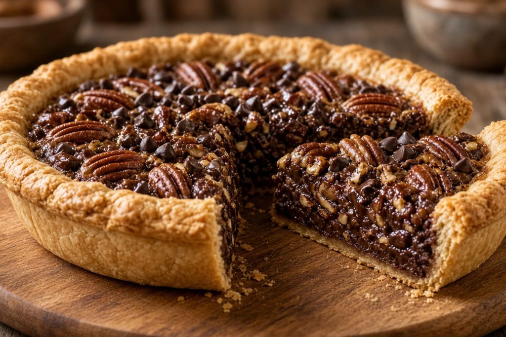 Chocolate pecan derby pie with a cut slice
