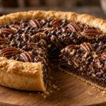 Chocolate pecan derby pie with a cut slice