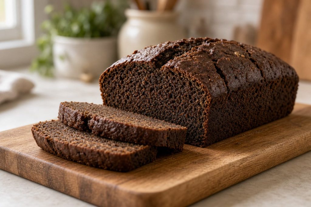 Sliced gingerbread loaf with a dark crumb