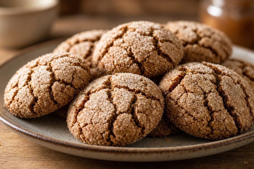 Crackled gingersnap cookies on a dark plate