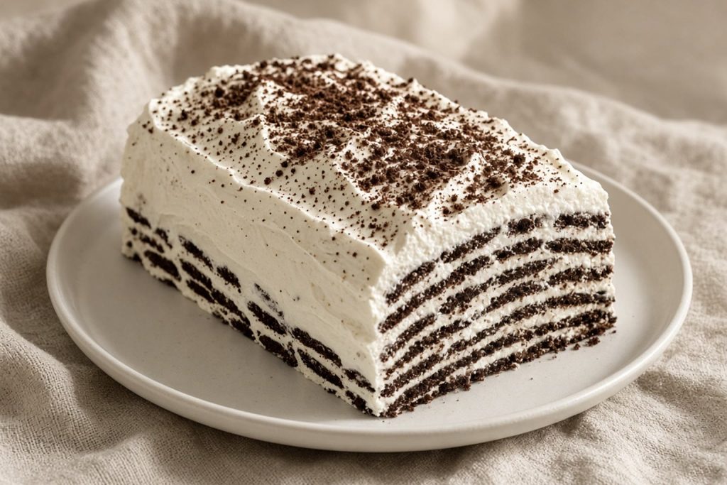 Sliced chocolate wafer icebox cake showing cream and cookie layers