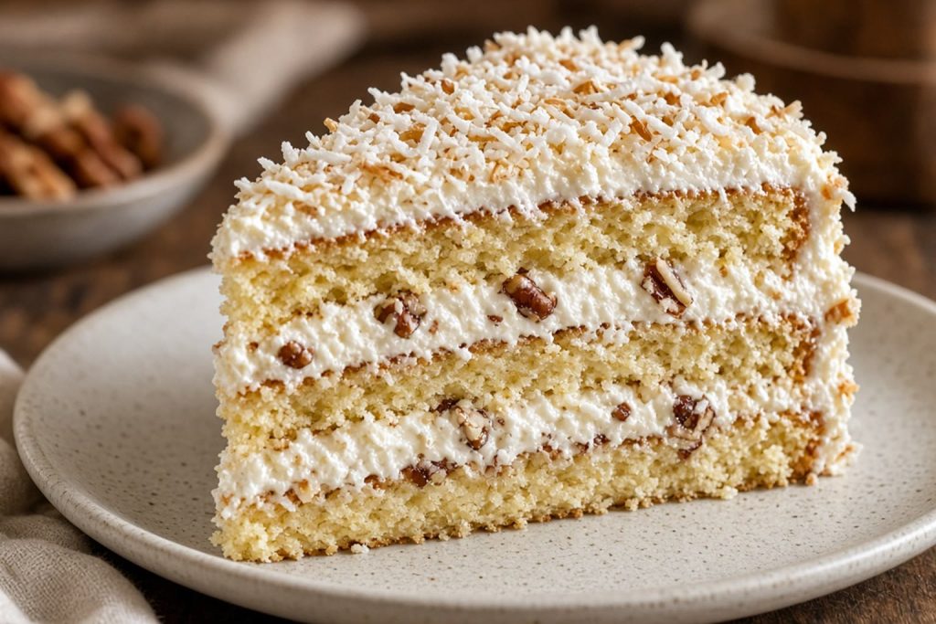 Slice of Italian cream cake with coconut and pecans