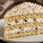 Slice of Italian cream cake with coconut and pecans